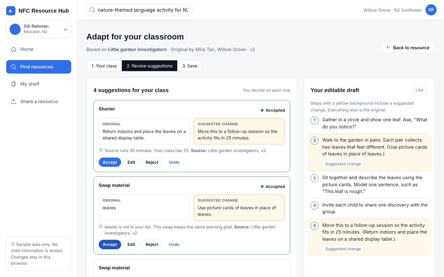 Adaptation screen with suggested changes beside an editable draft