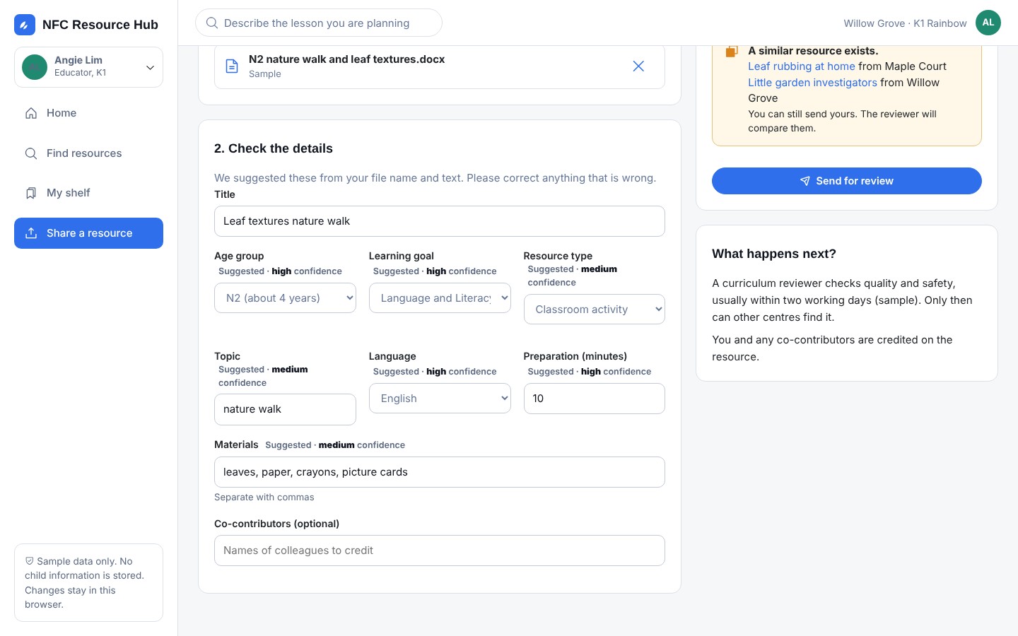 Share screen with suggested details and a similar resource warning