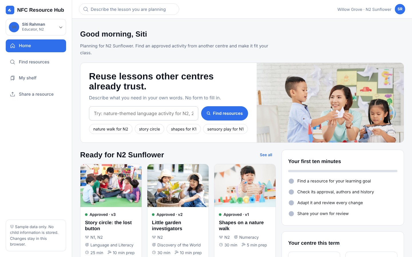 The hub home page for an N2 educator, with search and approved resources