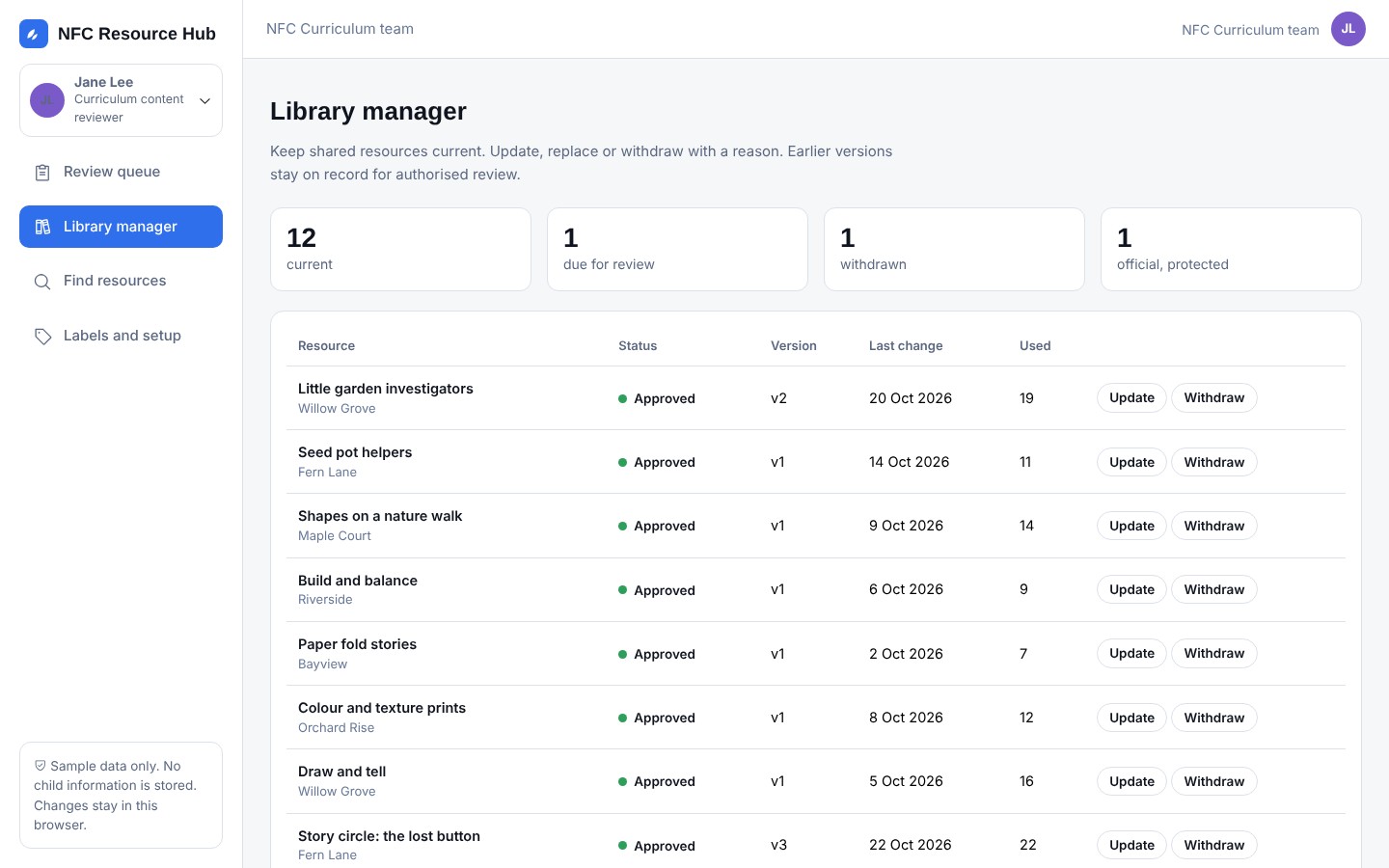 Library manager with status, version and update buttons