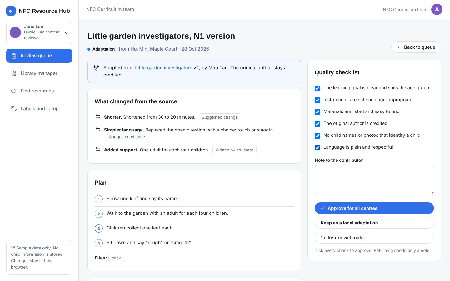 Review screen with changes, checklist and decision buttons