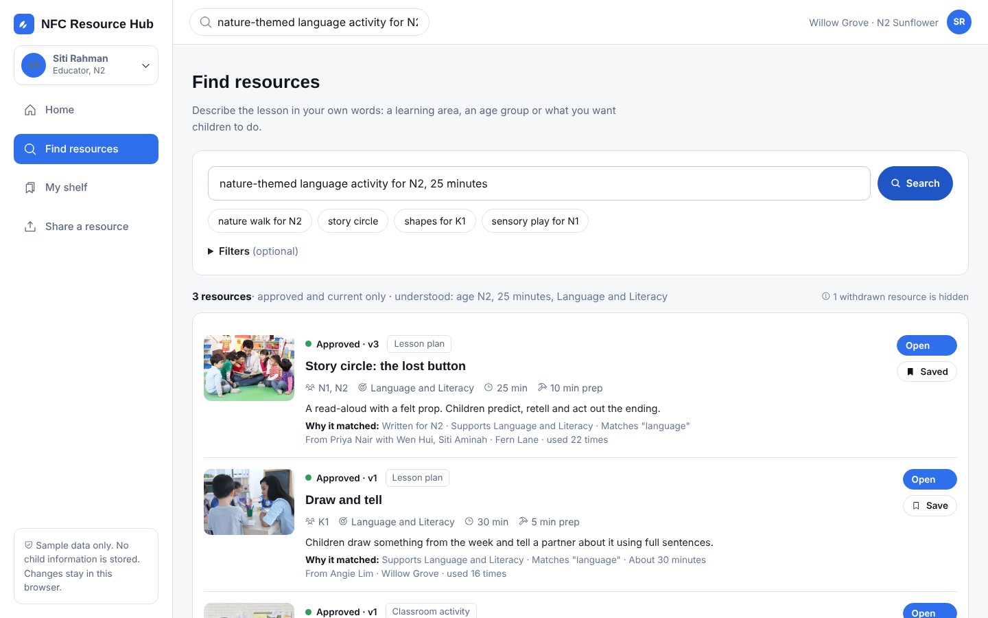 Search results with reasons for each match
